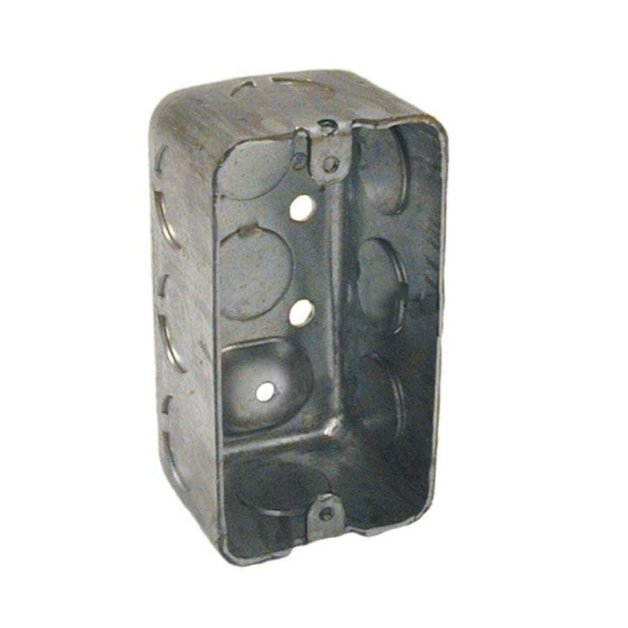 The Go Build 4 in. x 2 in. Electrical Box with Raised Ground features a rectangular steel design with rounded edges and multiple circular knockouts on its sides and back for wiring connections.